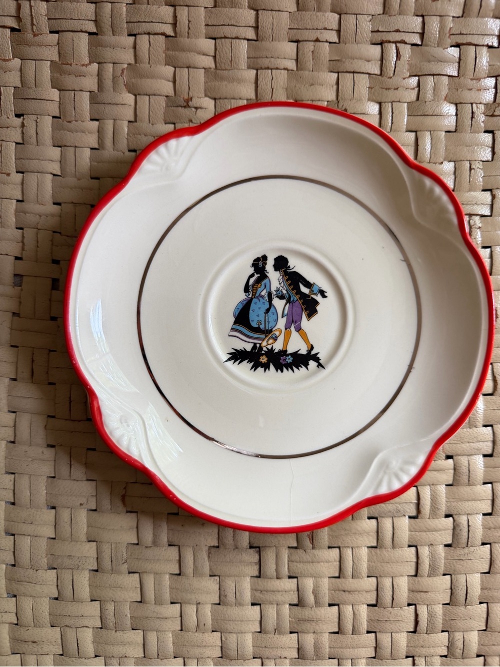 Vintage Homer Laughlin  Red Rim Porcelain Dish with Romantic Couple Motif